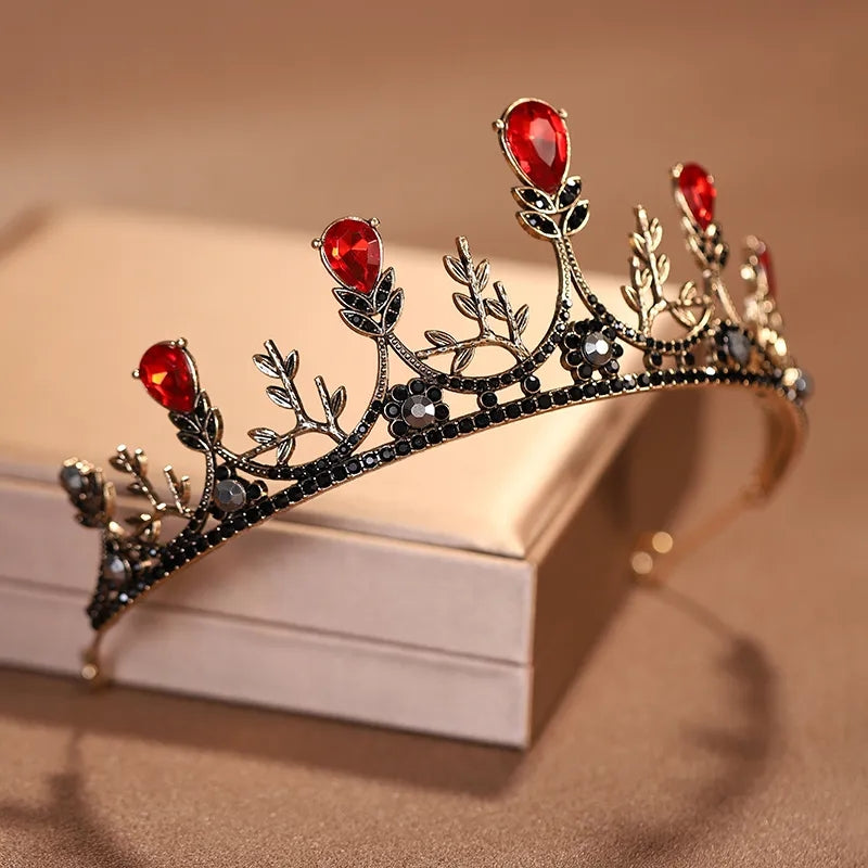 Goth Red Black Tiara Crown Detailed Princess Queen headdress dark bridal Halloween cosplay diadem