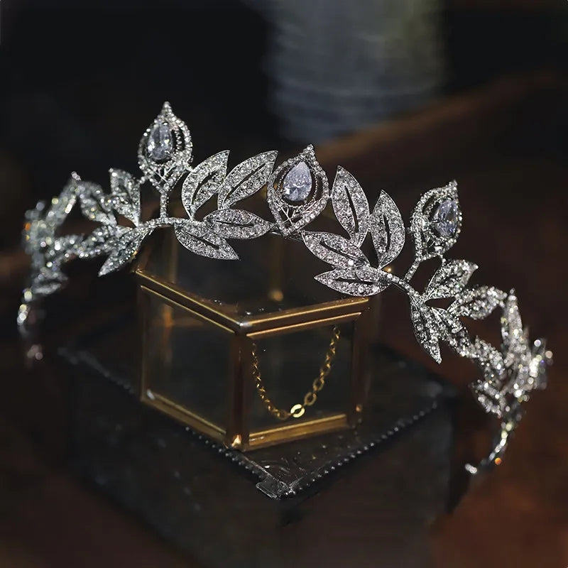 Icy Vintage Silver leaf Tiara Crown Set Princess Queen diadem