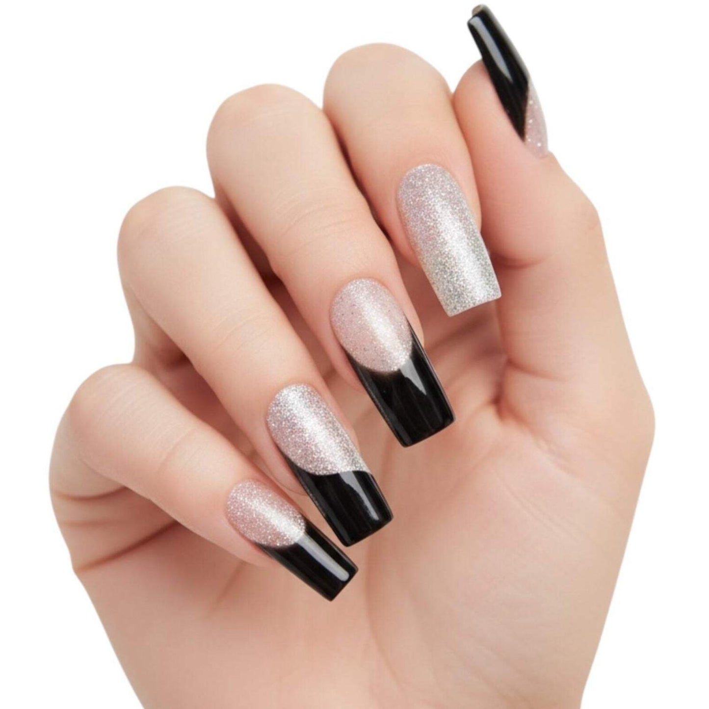 24 Long Square Silver Black Ombre 90s glitter Press on nails kit with glue