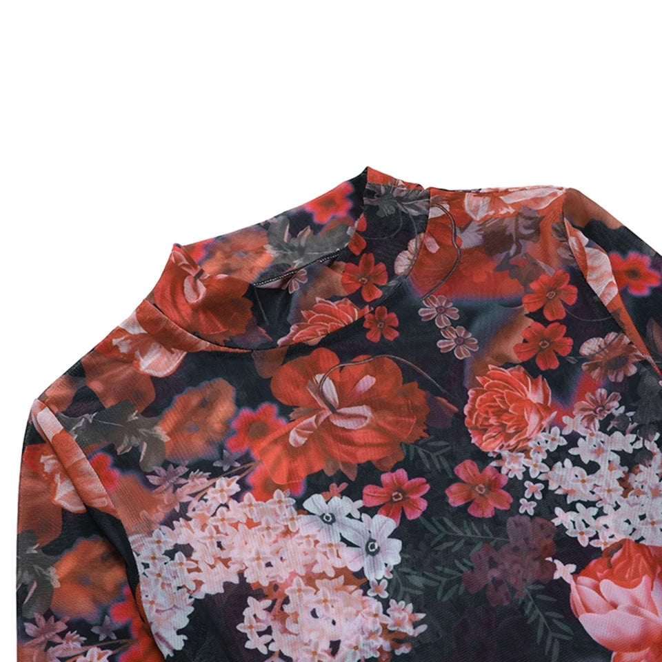 Elegant Rose Sheer Mesh Going out tops for women long sleeve full waist shirt floral colorful see through black red