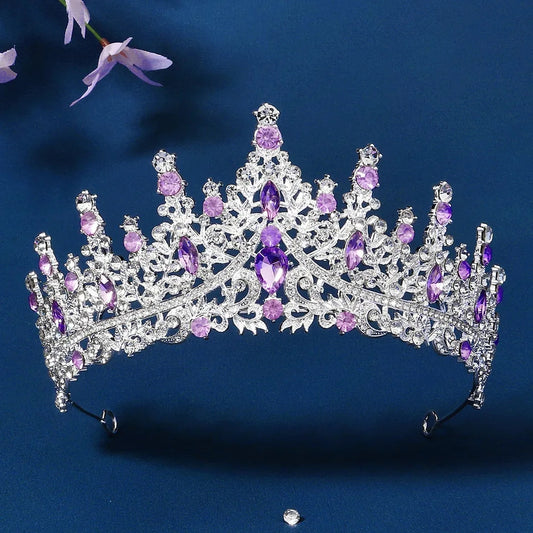 Silver Tiara Crown Lavender purple Crystals pink gems princess Queen bridal hair jewelry