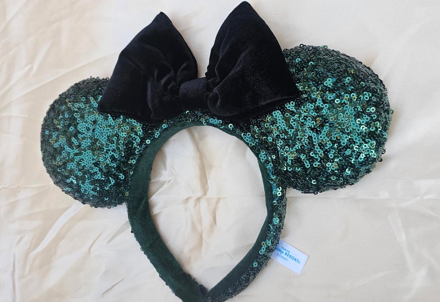 Dark Green Sequin Minnie Ears Headband Black Bow
