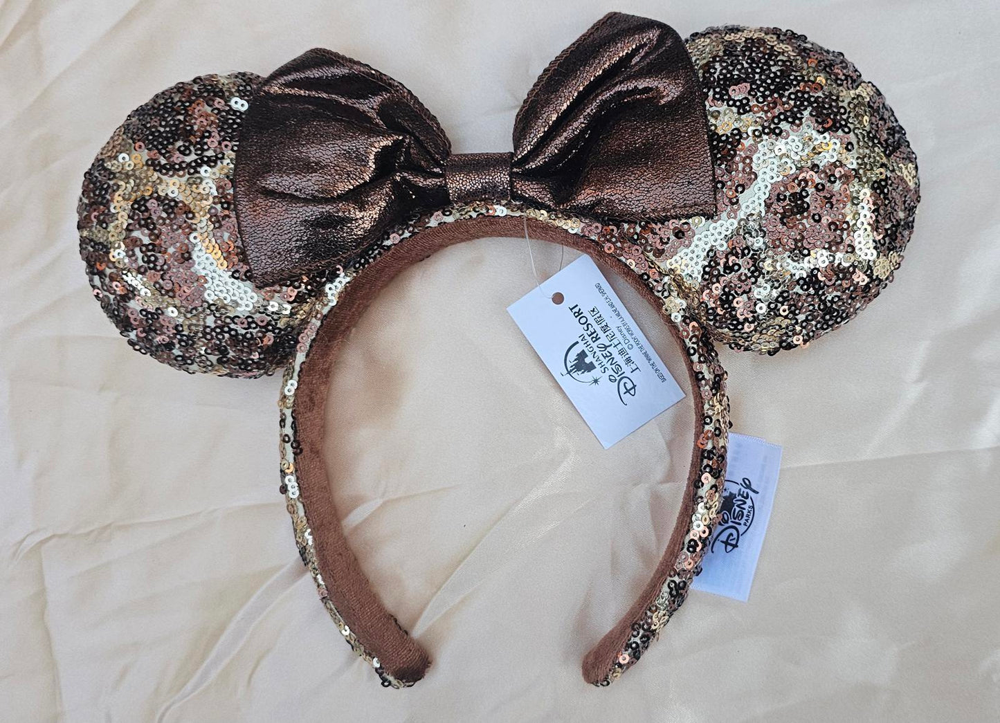 OUT OF STOCK Giraffe Sequin Animal Print Minnie Ears Headband Bow brown tan