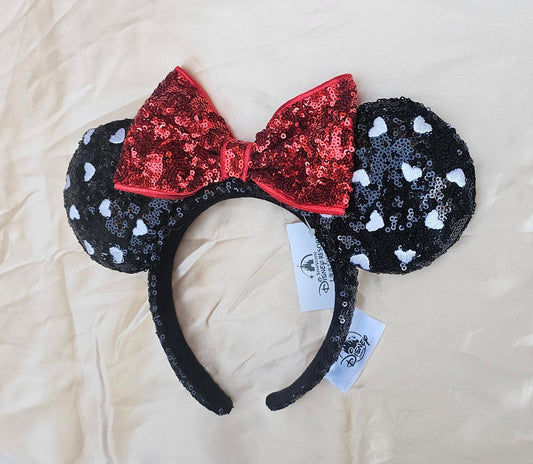 Black Sequin Disney Parks Ears Exclusive White Heart Red Bow Headband