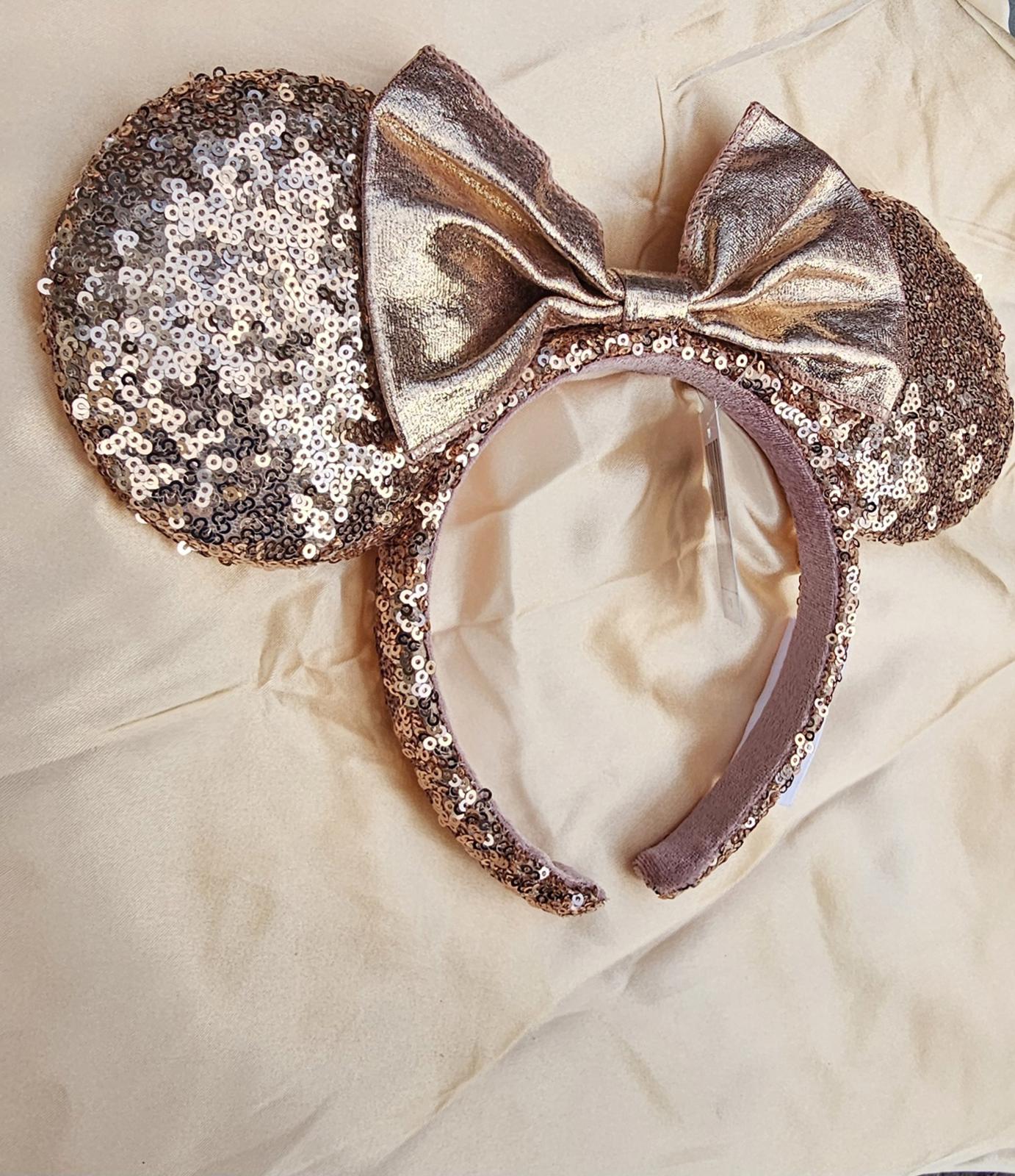 Disney Parks Rose Gold Sequin Bow Minnie Ears Headband Sparkly Bling NWT