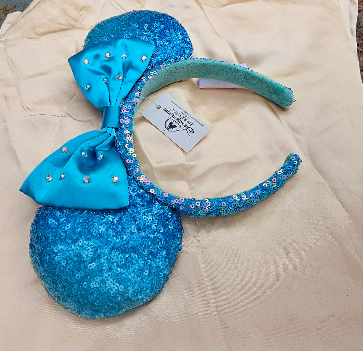 Cinderella Blue Rhinestone Bow Sequined Minnie Mouse Ears Headband