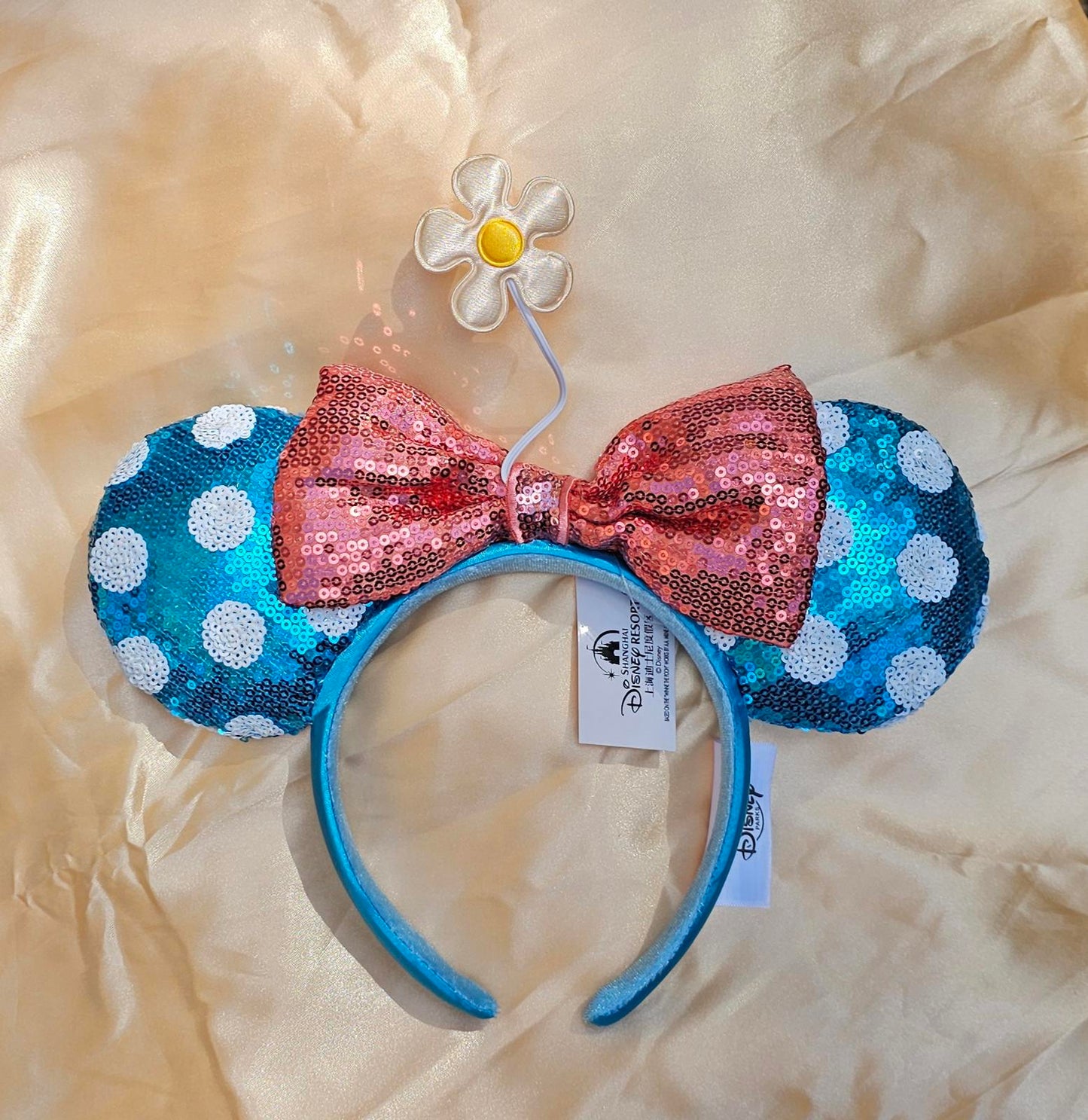 White polka dot blue Minnie Ears Bow Sequin Little Flower Headband