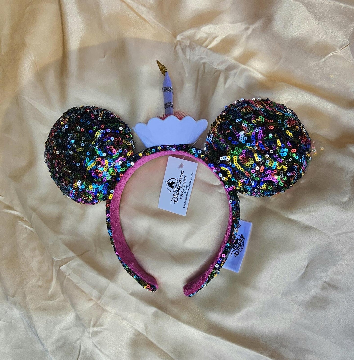 Disney Parks Happy Birthday Minnie Mickey Ears Cupcake Cake Sequined Headband