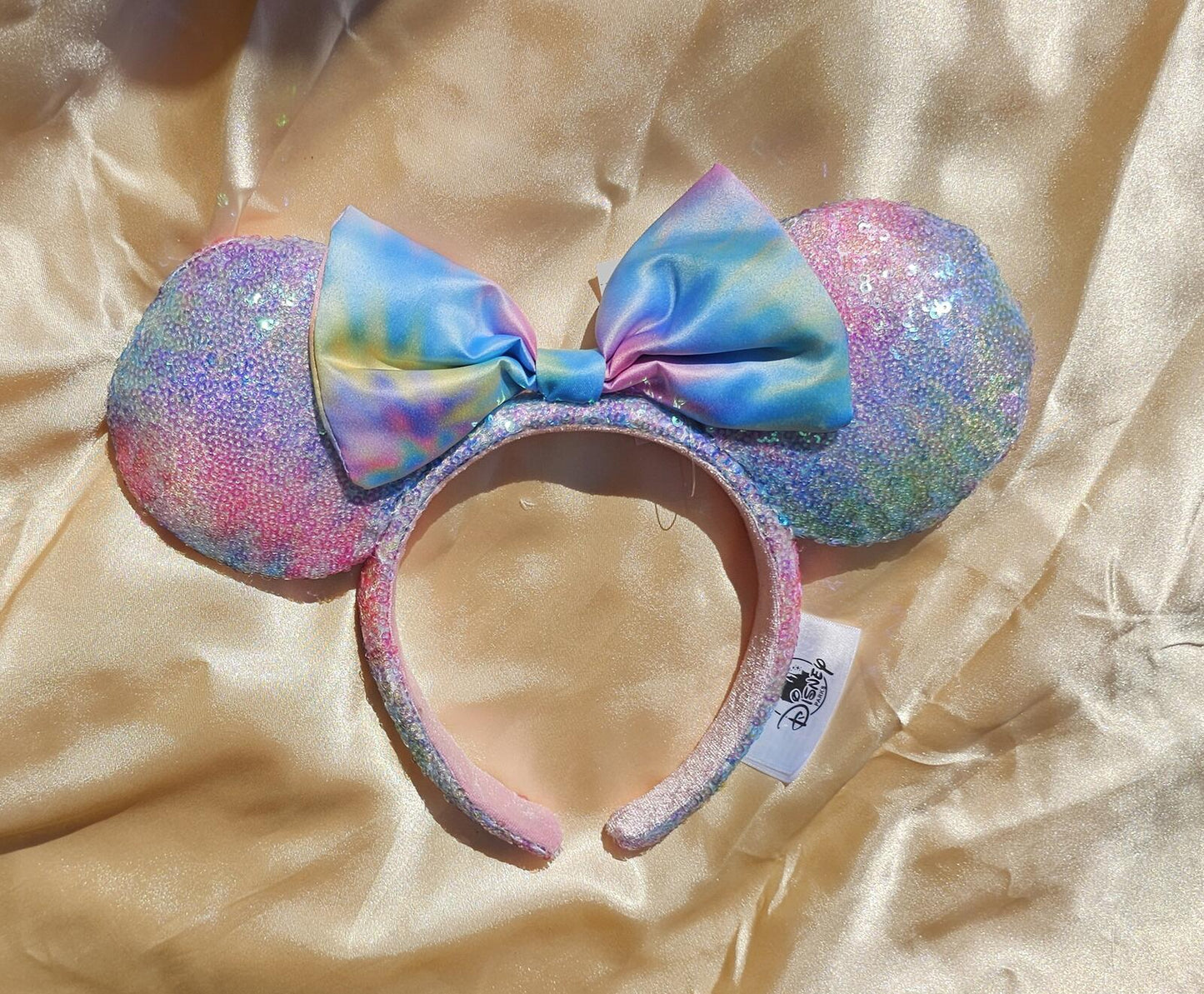 Disney Parks Tie Dye Pastel Ears Headband Pink Blue Gradient Sequin Bow
