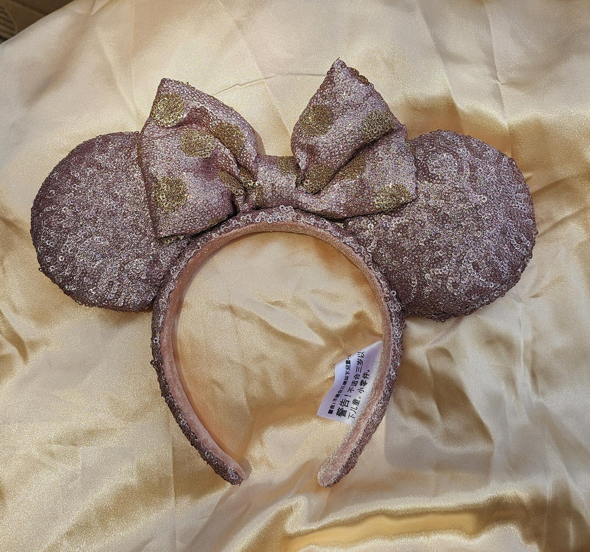 Disney Parks Unique Mauve Rose Gold Sequin Bow Minnie Ears Headband Sparkly
