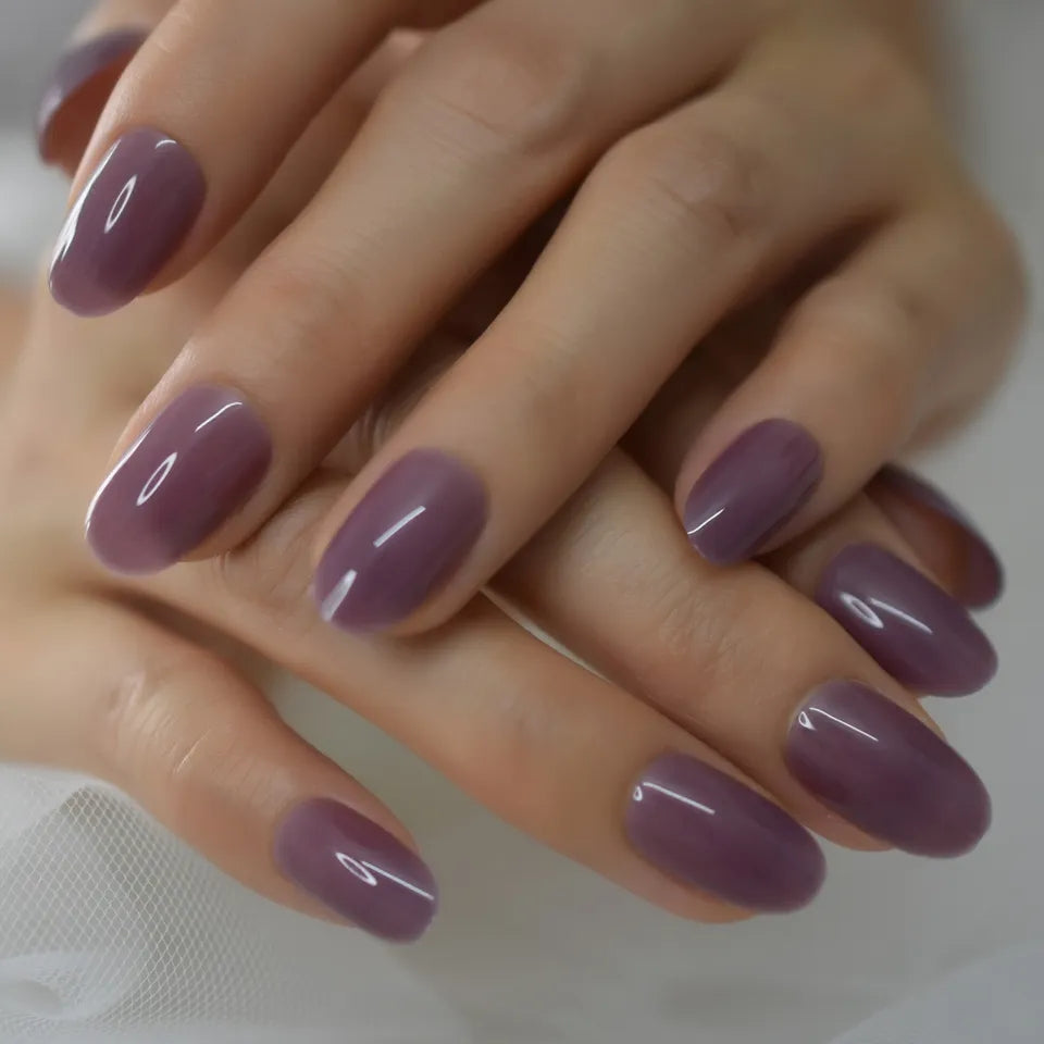 Purple Mauve Jelly Short Press On Nails – Shiny Gel Almond Medium Rounded Tips surethings
