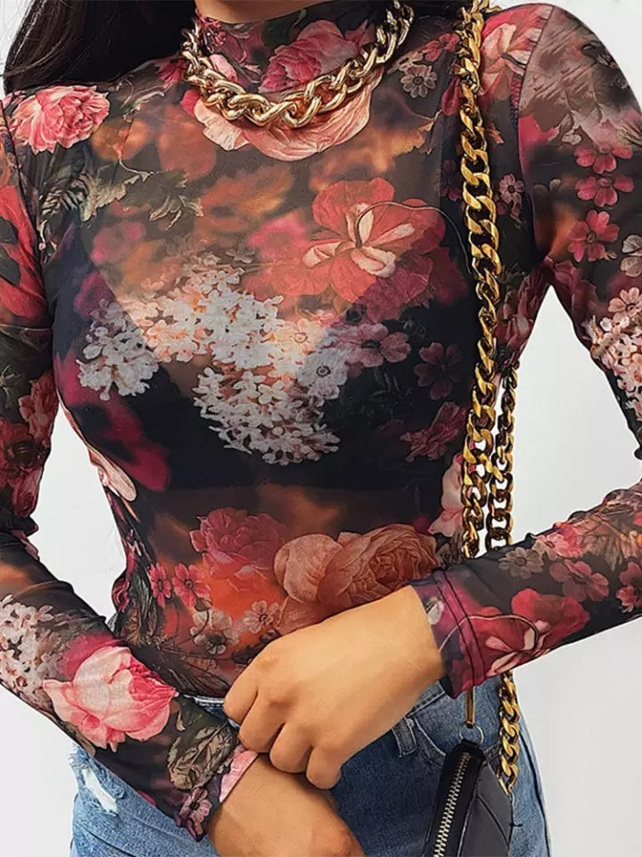 Elegant Rose Sheer Mesh Going out tops for women long sleeve full waist shirt floral colorful see through black red