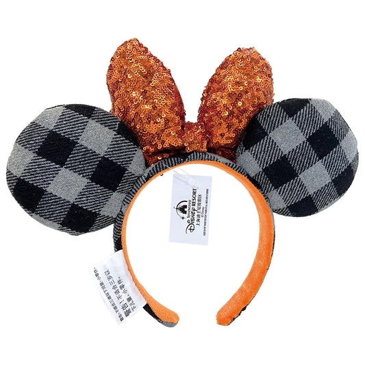Autumn Minnie Mouse Ears Orange Bow Sequin Halloween Gray Plaid Headband 2026