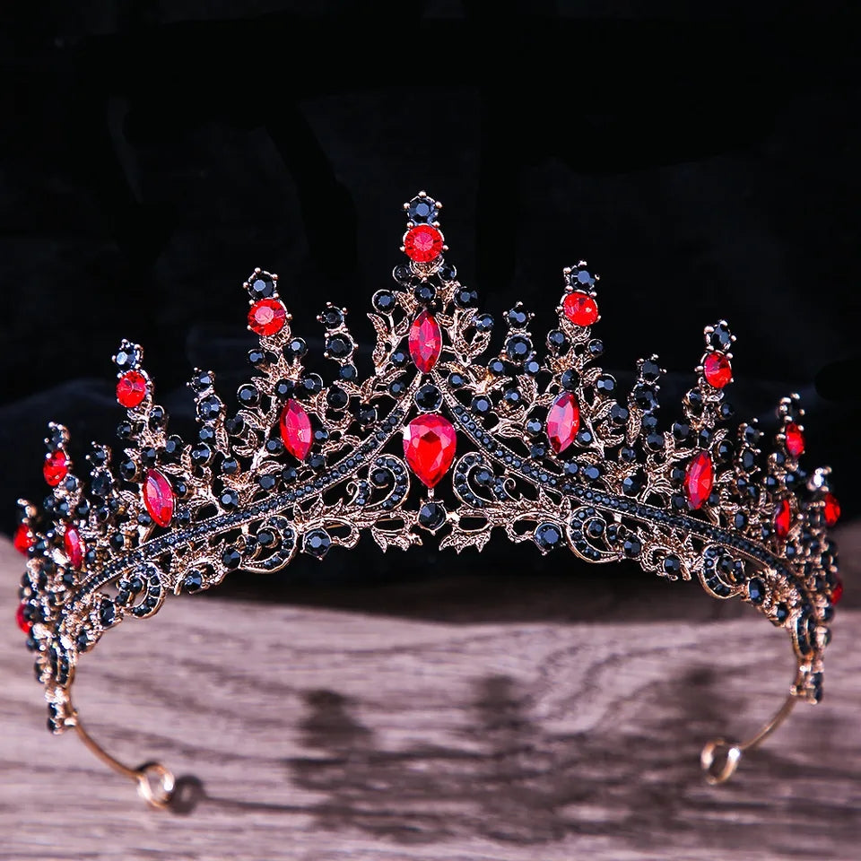 Gothic Ruby Red Vintage Baroque Tiara Dark Black Crown Evil Queen diadem headdress bridal Halloween cosplay Wedding pageant royalty
