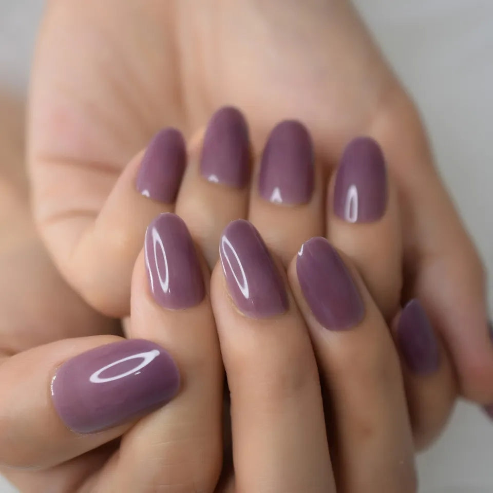 Purple Mauve Jelly Short Press On Nails – Shiny Gel Almond Medium Rounded Tips surethings