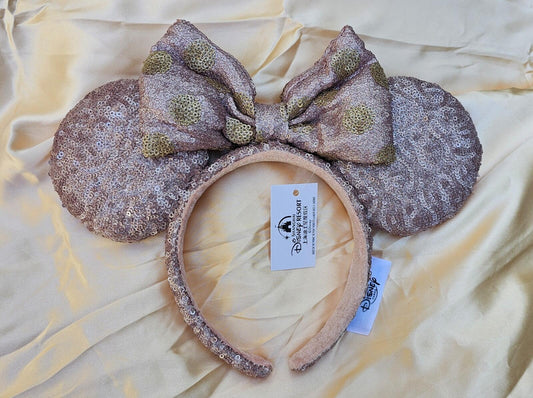 Disney Parks Unique Mauve Rose Gold Sequin Bow Minnie Ears Headband Sparkly