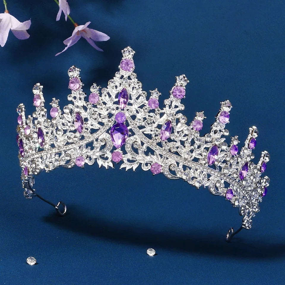 Silver Tiara Crown Lavender purple Crystals pink gems princess Queen bridal hair jewelry