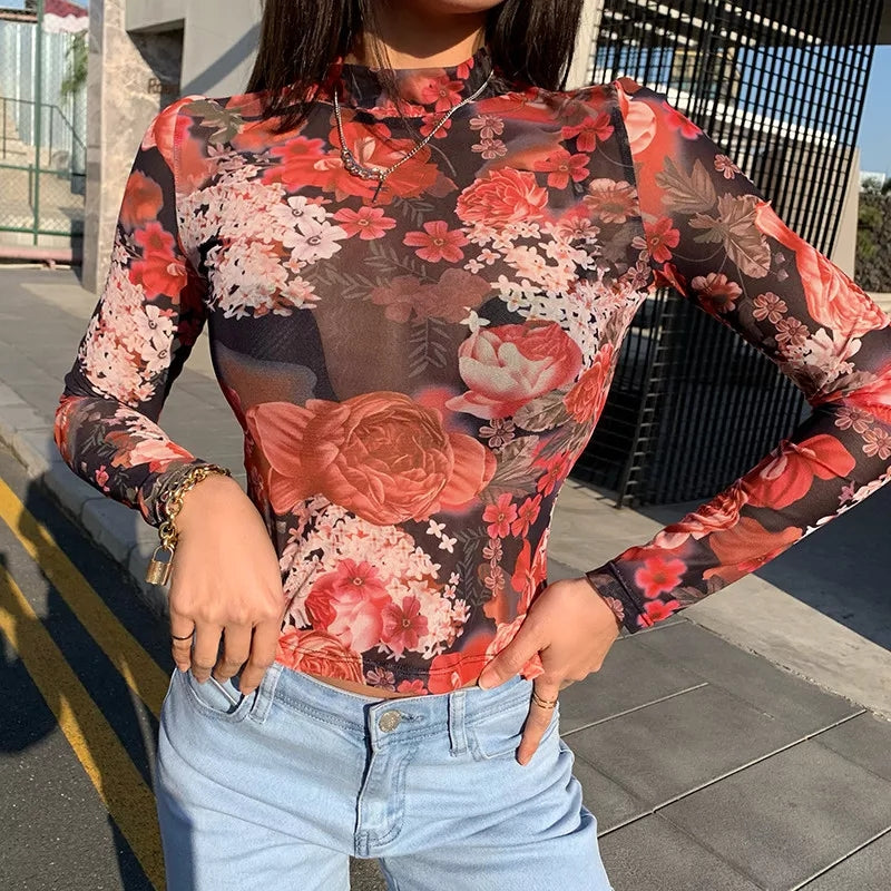 Elegant Rose Sheer Mesh Going out tops for women long sleeve full waist shirt floral colorful see through black red