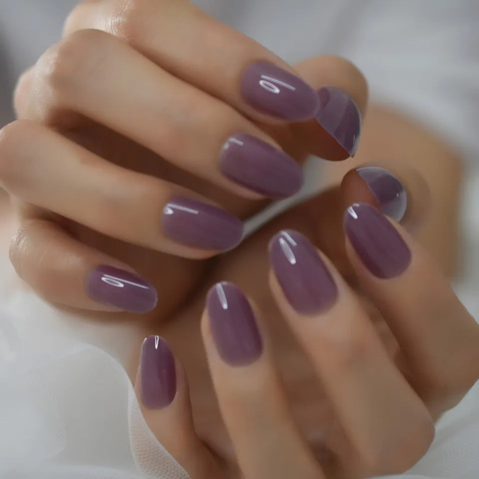 Purple Mauve Jelly Short Press On Nails – Shiny Gel Almond Medium Rounded Tips surethings