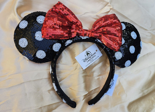 Classic Black polka Dot Minnie Ears Exclusive White Red Bow Headband
