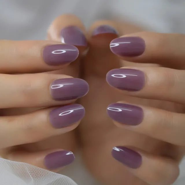 Purple Mauve Jelly Short Press On Nails – Shiny Gel Almond Medium Rounded Tips surethings