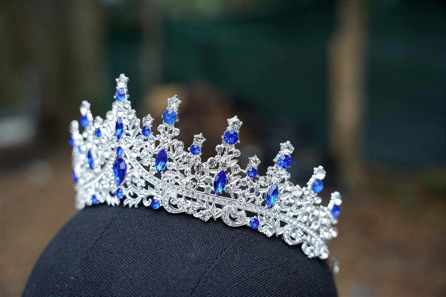 Royal Blue Crystal Tiara Bridal Silver Crown Birthday Wedding Gift Diadem