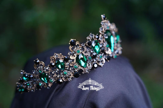 Sultry Vintage Emerald Green Crystal Tiara Bridal Goth Bronze Gift Diadem