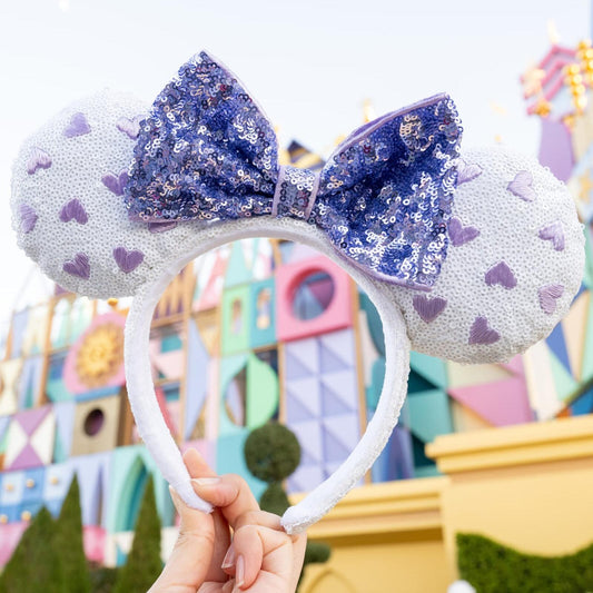 Disney Purple Heart White Sequin Minnie Mickey Mouse Ear Bow Headband