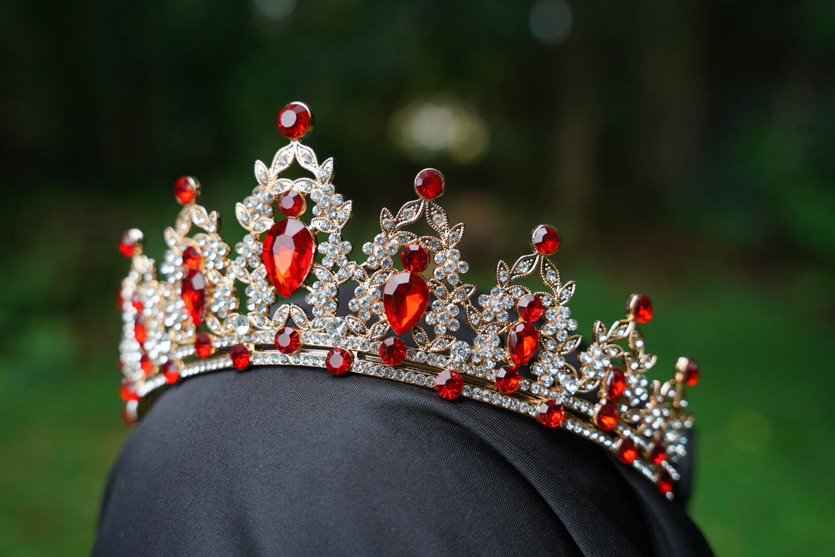 Gold Ruby Red Crown Crystal Tiara, Princess Crown, Gold Wedding Tiara