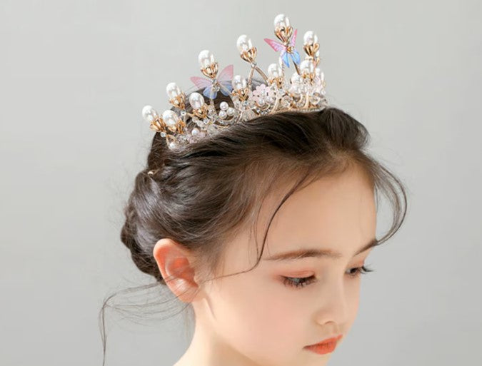 Butterfly Tiara Crown Queen Gold headdress jewelry bridal real metal pearls cosplay