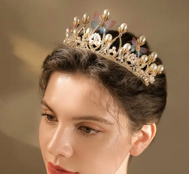 Butterfly Tiara Crown Queen Gold headdress jewelry bridal real metal pearls cosplay