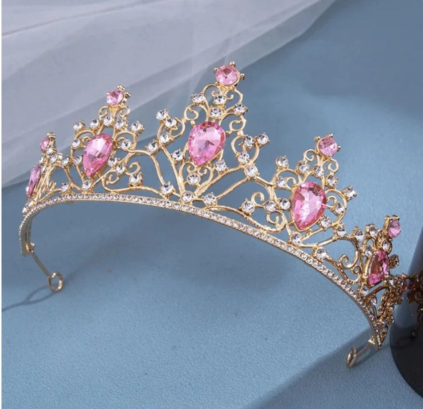 Pink Gold Princess Tiara Detailed Princess Queen bridal Halloween cosplay diadem 