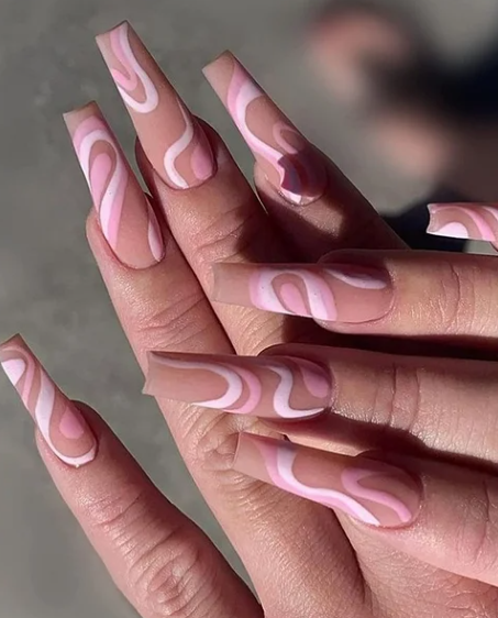 24PCS Nude Pink Swirl Long Press-On Nails – Coffin Style Glue-On Set in White, Beige & Tan for a Chic Manicure Look surethings