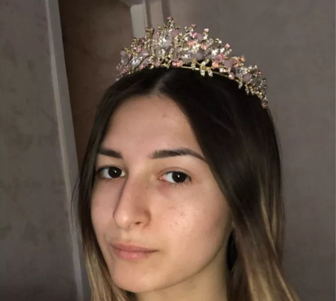 Pink Gold Tiara Crown Detailed Crystal peach Princess Queen jewelry bridal Halloween cosplay diadem wedding