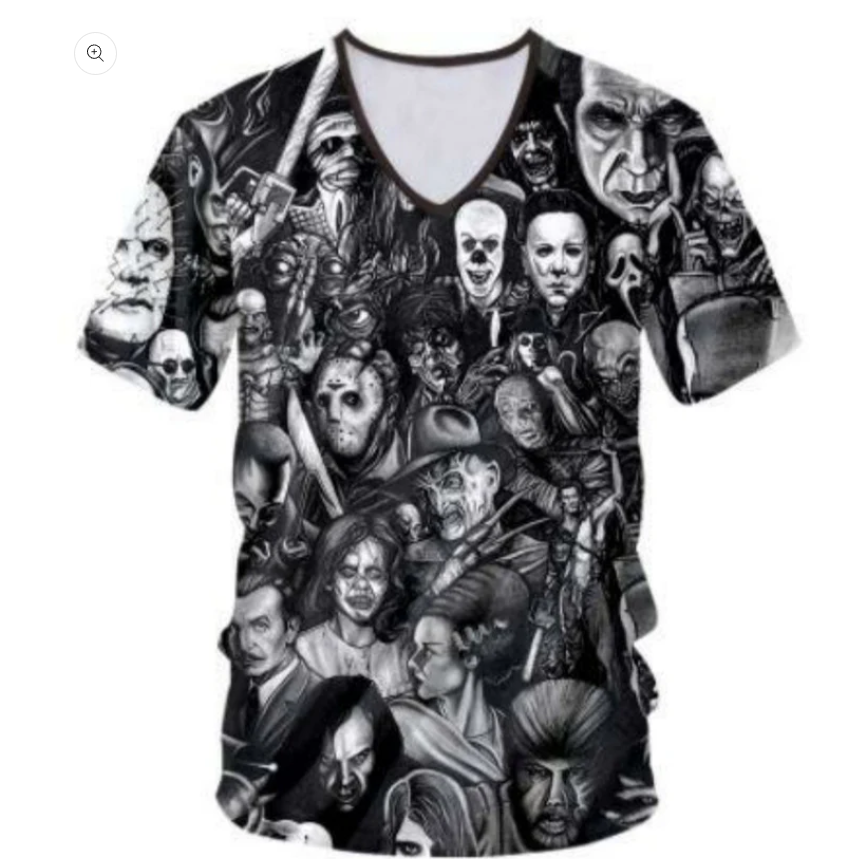 Limited Stock Black Grey Jersey Horror Movie Shirt Collage featuring Freddy Krueger and Jason Voorhees surethings