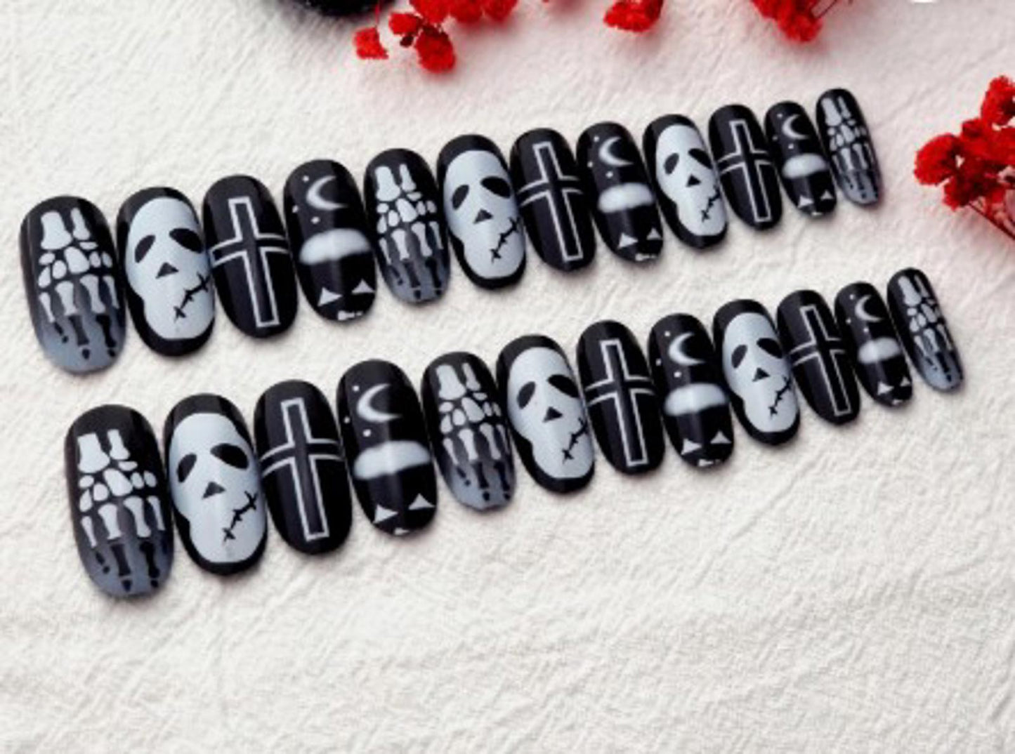 24 Black and White Skull Press on nails kit w glue goth skeleton misfit