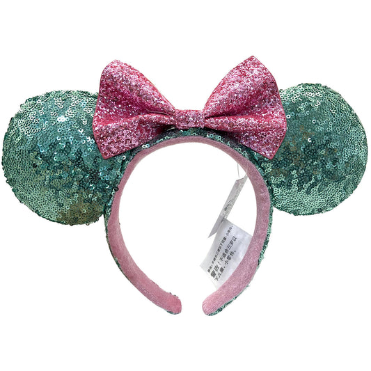 Pink Sugar Rush Bow Green Sequin Minnie Mouse Ears Glitter Headband