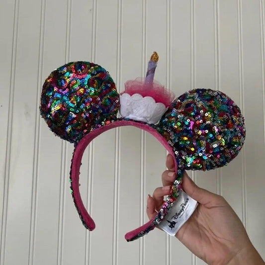 Disney Parks Happy Birthday Minnie Mickey Ears Cupcake Cake Sequined Headband