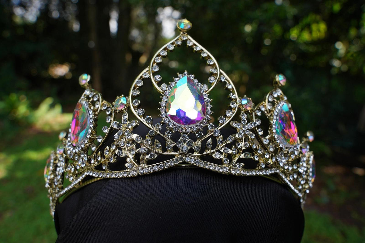 Holographic Crystal Tiara Bridal Crown Birthday Wedding Gift Diadem Gold pink