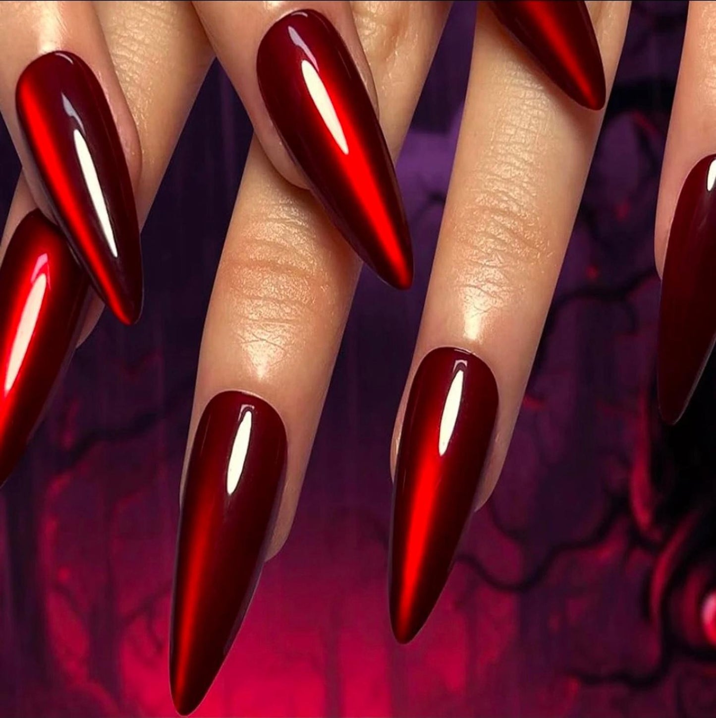 24 Red CAT EYE Press On Nails with glue extra long stiletto magnet galaxy