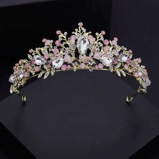 Pink Gold Tiara Crown Detailed Crystal peach Princess Queen jewelry bridal Halloween cosplay diadem wedding