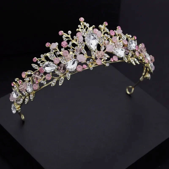 Pink Gold Tiara Crown Detailed Crystal peach Princess Queen jewelry 