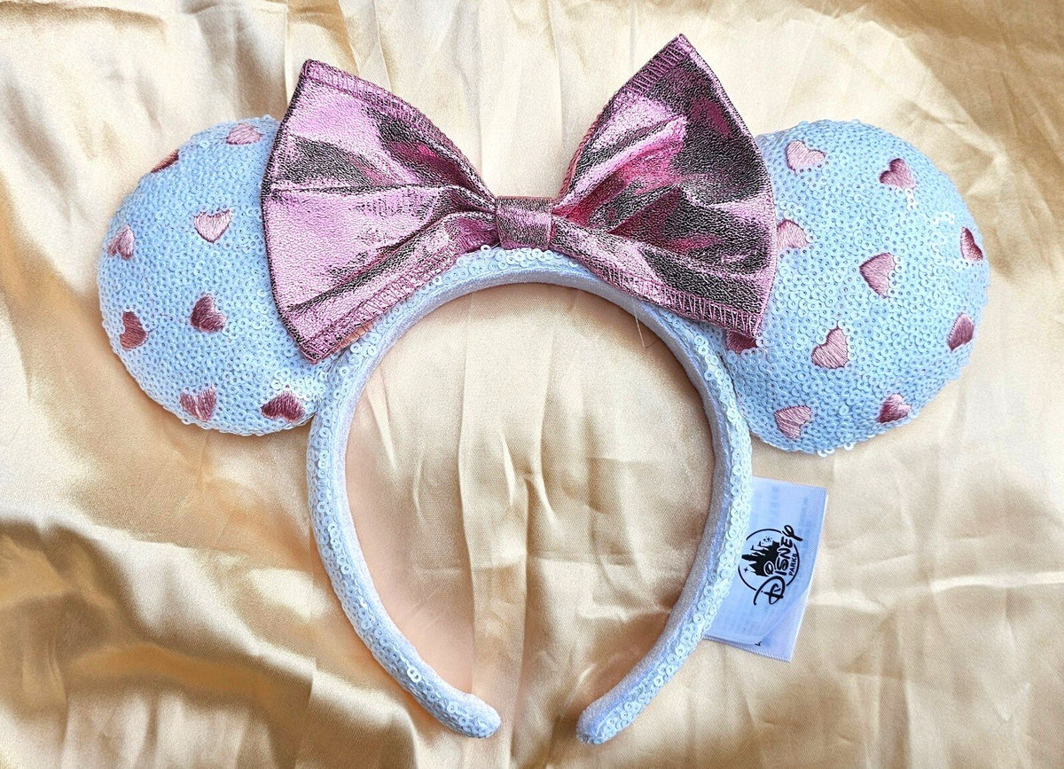 Pink Hearts White Sequin Minnie Mickey Mouse Ear Bow Headband