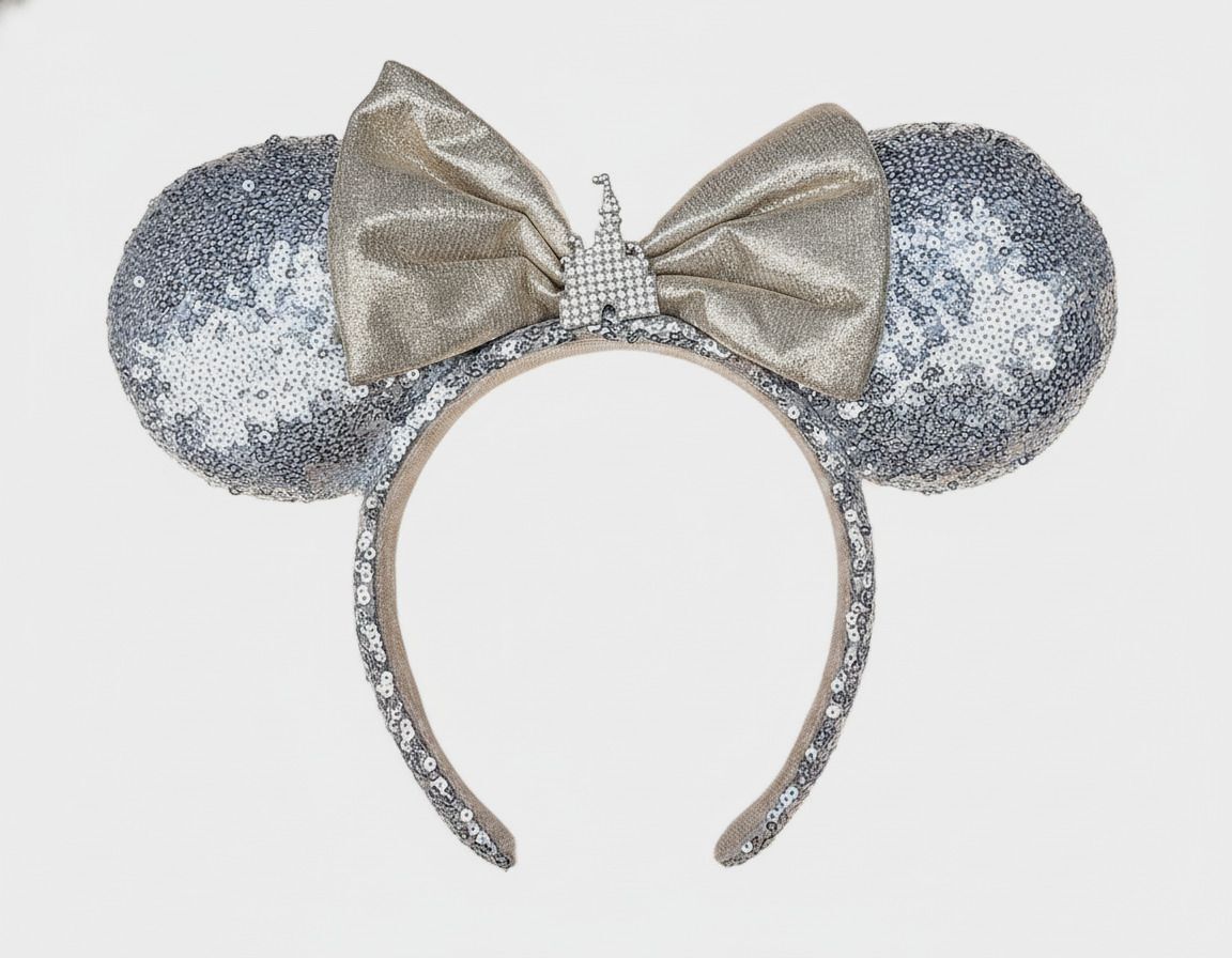 Disney Inspired Minnie Mouse Castle Ears Headband Silver Sequined Metallic Bow
