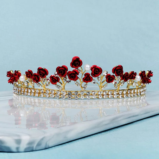 Red rose woodland gold tiara crown with crystal accents – princess or queen headdress surethings