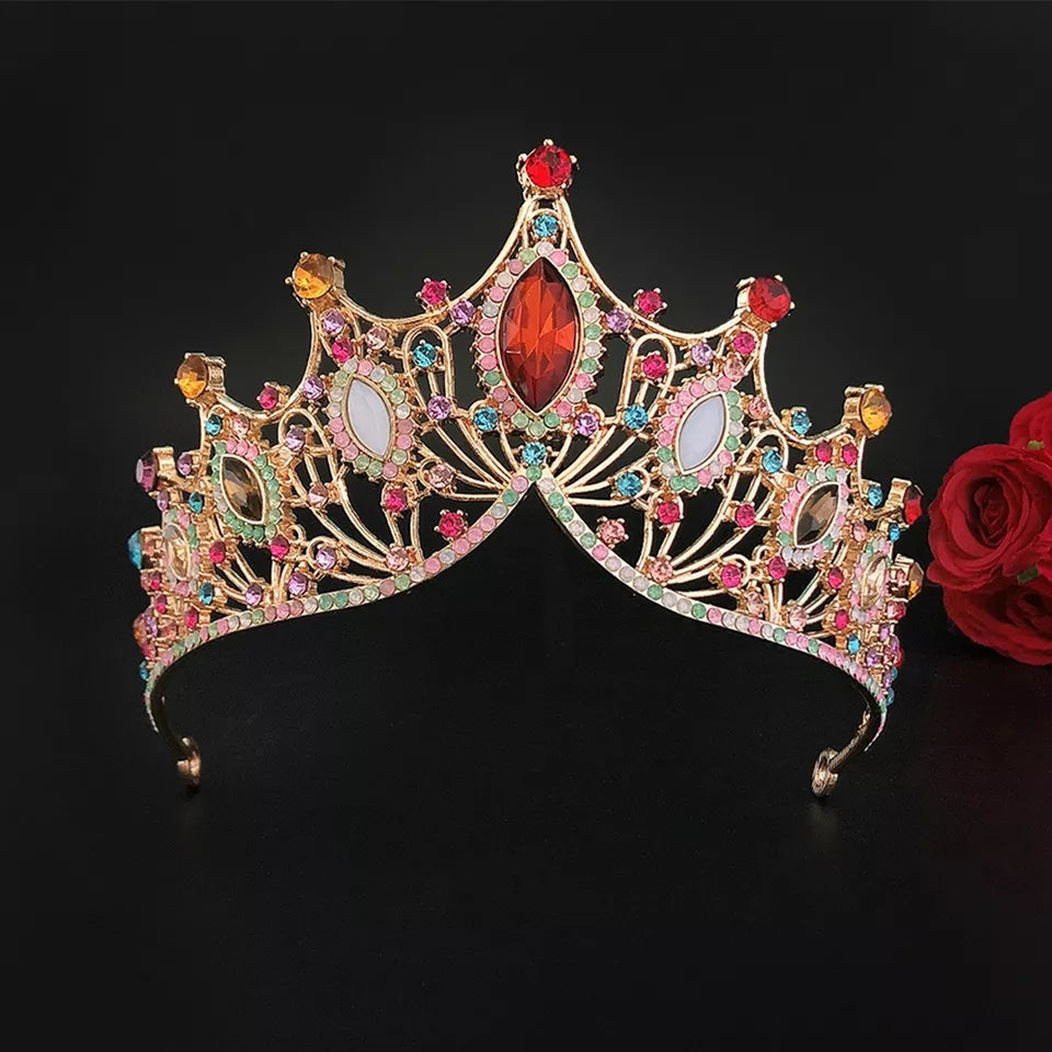 Multi Color Tiara Crown Pastel Headdress Queen tall diadem bridal Real Metal cosplay