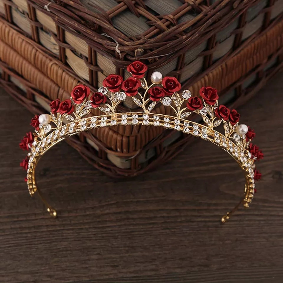 Red rose woodland gold tiara crown with crystal accents – princess or queen headdress surethings