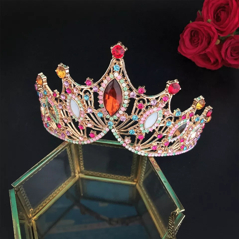 Multi Color Tiara Crown Pastel Headdress Queen tall diadem bridal Real Metal cosplay
