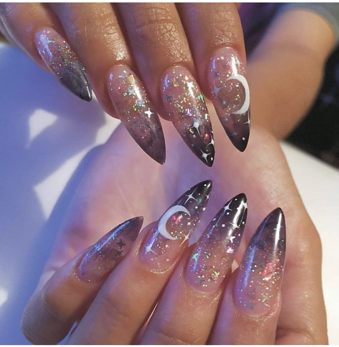 24 Witchy black ombre stiletto Long Press on nails kit glue on Goth celestial moon stars alt edgy glitter clear Halloween