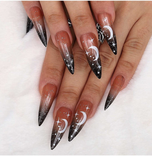 24 Witchy black ombre stiletto Long Press on nails kit glue on Goth celestial moon stars alt edgy glitter clear Halloween